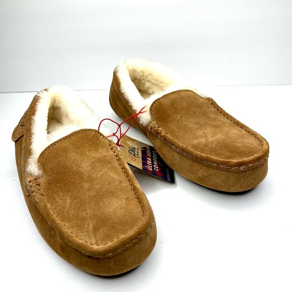 Dearfoams Women’s Dluxe Fernie Genuine Shearling Moccasin Slippers Tan 6 - Picture 7 of 9